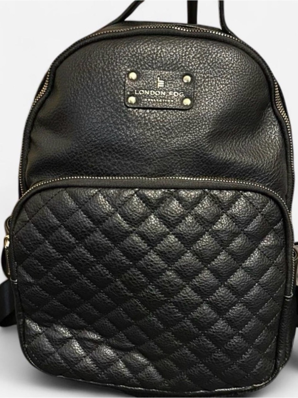 London Fog Black Quilted Backpack with Logo Plate